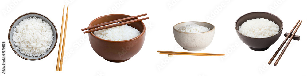 A variety of rice bowls with chopsticks against a black background, showcasing different types of rice and serving styles. A variety of rice bowls with chopsticks against a black background, showcasing different types of rice and serving styles.
