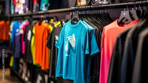 Vibrant Display of Men's Sports T-Shirts in an Athletic Wear Store. AI generated illustration