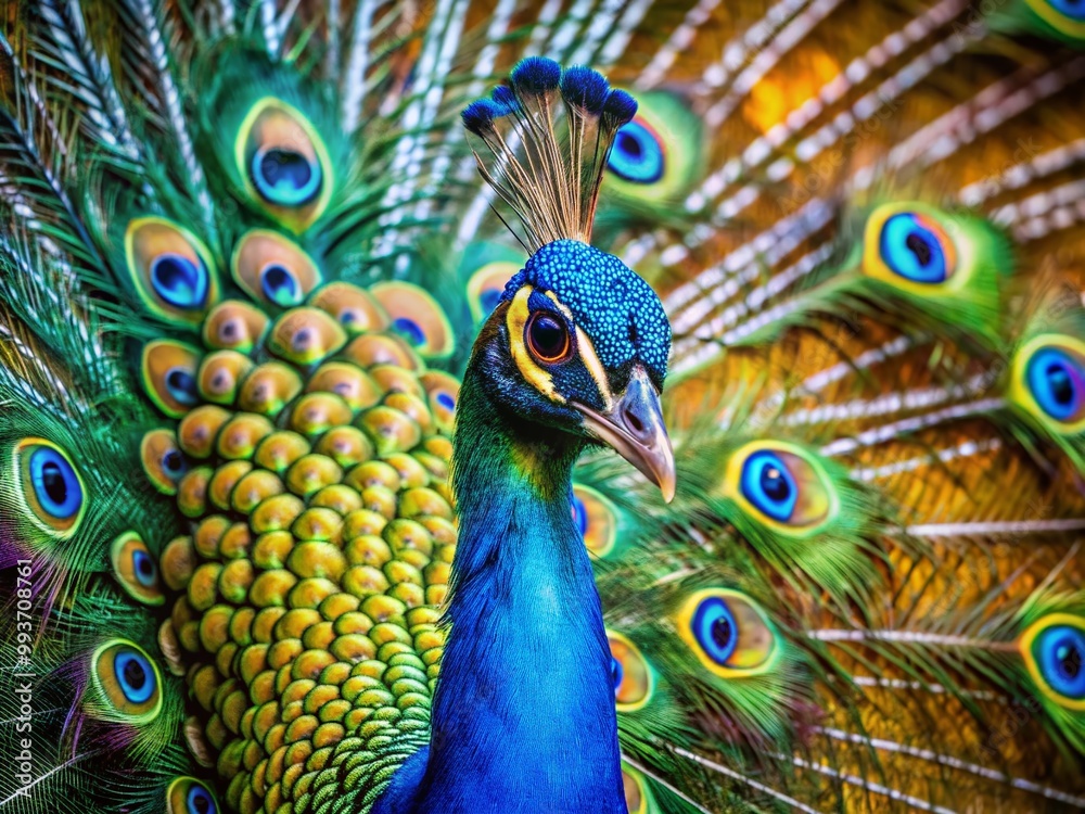 Obraz premium Vibrant Peacock Colors Displayed in Nature's Splendor: A Visual Feast of Iridescence and Beauty