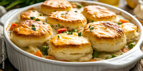 Chicken Pot Pie with Flaky Biscuit Topping in Baking Dish