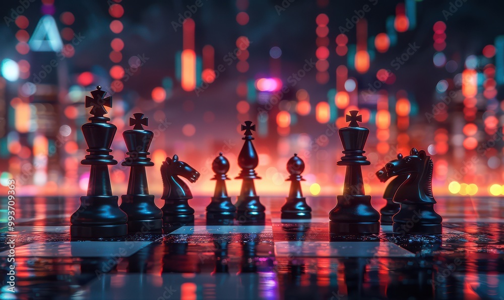 Chessboard on a glossy surface with financial market charts, blending strategy with economy. Free copy space for text. Chessboard on a glossy surface with financial market charts, blending strategy with economy. Free copy space for text.