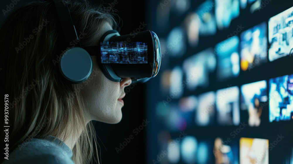 Immersed in virtual world, woman experiences cutting edge technology through VR headset, showcasing synergy between tech and human interaction Immersed in virtual world, woman experiences cutting edge technology through VR headset, showcasing synergy between tech and human interaction