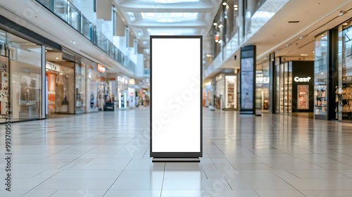 A blank advertising display stand in a modern shopping mall.