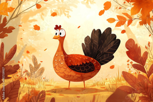 Illustration of a cartoon turkey in the autumn forest.