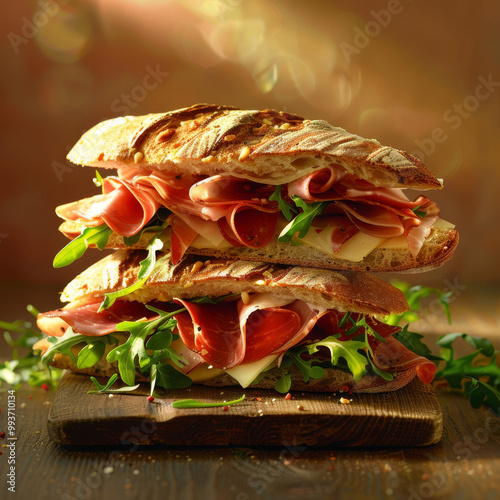 still life photographic shot, sandwich made with two slices of pan bauletto, stuffed with cooked ham and crescenza and rocket, viewed from 3/4, intense and warm light photo