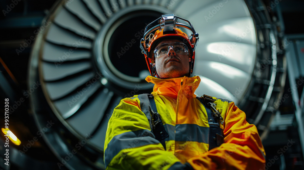 Obraz premium maintenance engineer stands confidently in safety helmet and high visibility jacket, surrounded by impressive turbine of aircraft engine. scene conveys professionalism and dedication to safety in