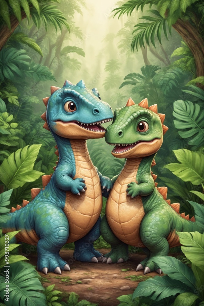 Naklejka premium Two Cute Dinosaurs in the Jungle.