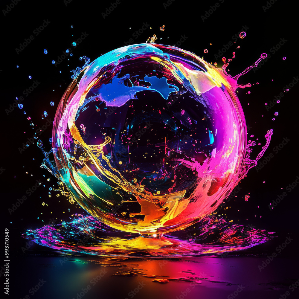 © Dariya - a medium quality illustration of a globe in neon colors with splashes of bright colors, vibrant, artistic, digital art, abstract, glowing, modern, colorful, fantasy art