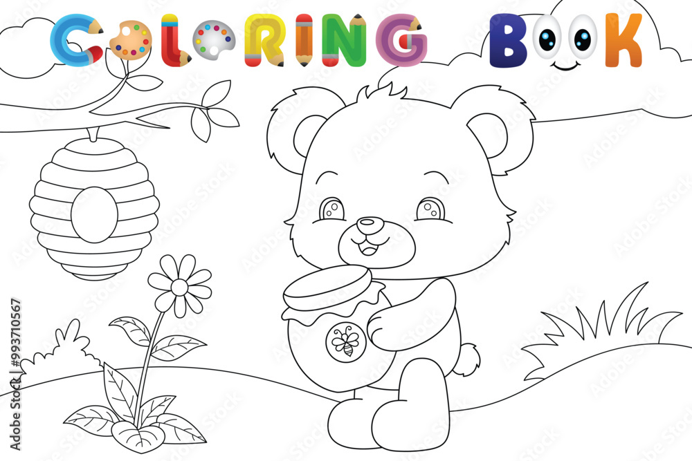 Obraz premium Bear with honey jar and beehive coloring book page. Vector illustration