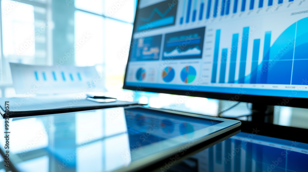Business Data Analysis and Analytics on Desk with Computer and Tablet Business Data Analysis and Analytics on Desk with Computer and Tablet
