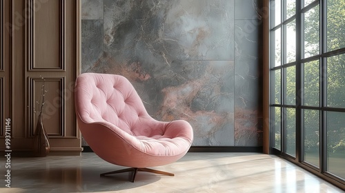 a pastel pink chair elegantly placed in a modern studio surrounded by classic wall panels the minimalist design exudes tranquility and sophistication