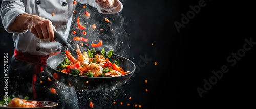 Freeze Motion of Wok Pan with Flying Ingredients in the Air and steam. chef frying cut vegetables with shrimps in pan on black background. restaurant menu, recipe, banner, food advertising. Copy space