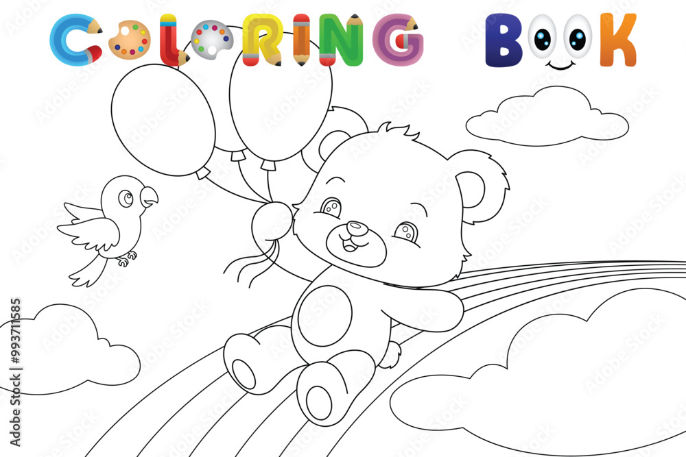 Bear floating with balloons on a rainbow coloring book page. Vector illustration Bear floating with balloons on a rainbow coloring book page. Vector illustration