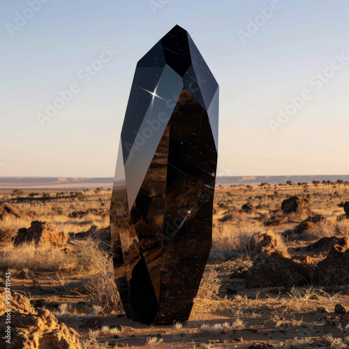 a long black contemporary art sculpture like an abstract dichroic voronoi shaped diamond shard, landed as a meteor centimeters above ground in a completely dramatic african savannah background photo