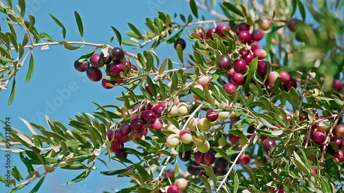 Half ripe olives on the branches of the olive tree with blue sky