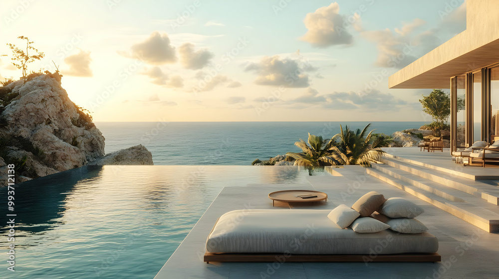Modern Minimalist Poolside Lounger with Ocean View 3D Illustration Modern Minimalist Poolside Lounger with Ocean View 3D Illustration