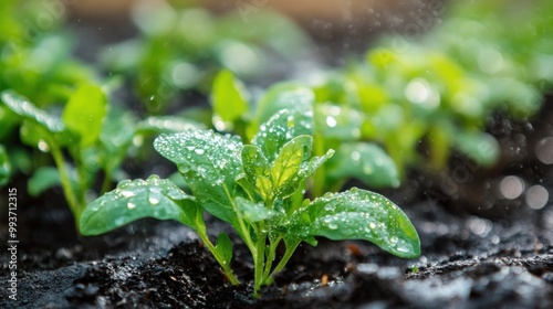 Fresh spinach seedlings emerging from moist soil, glistening with water droplets.