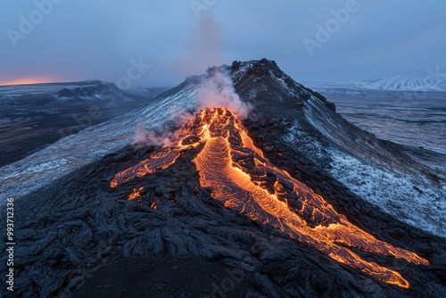 An active volcanic eruption during the winter, with glowing red rivers of magma and blackened lava flows, showcasing the contrast between fire and ice in a dramatic landscape.