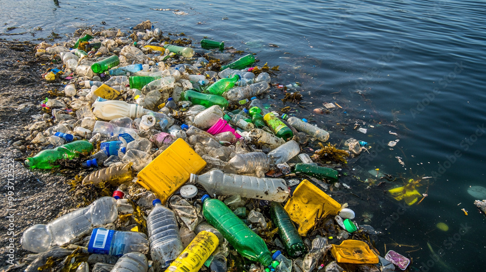 underwater view of plastic pollution and microplastics scattered across ...