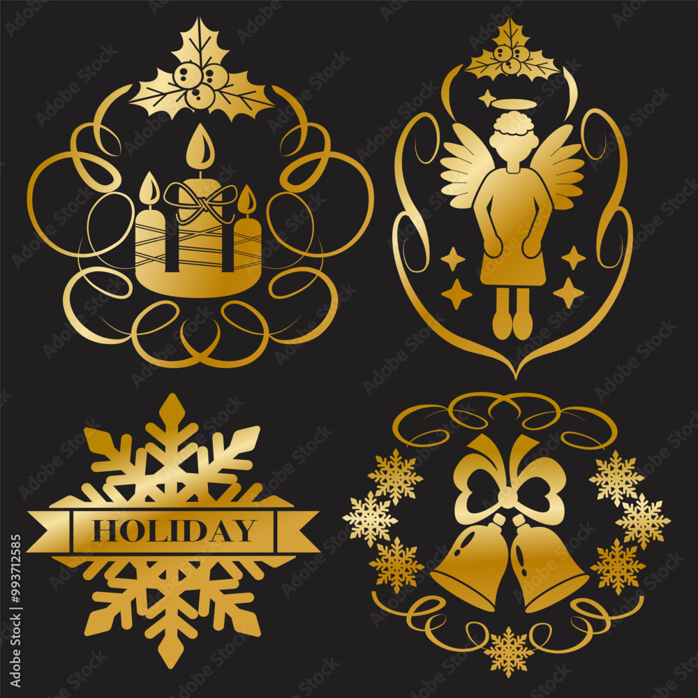 set of Christmas elements in gold color on a black background set of Christmas elements in gold color on a black background