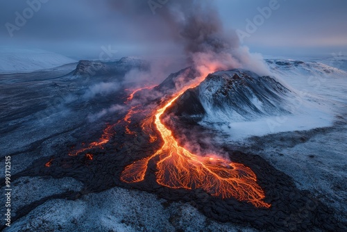 A spectacular view of a volcano erupting with flowing lava amidst a snow-covered landscape, highlighting the mesmerizing juxtaposition of fiery lava and icy surroundings.