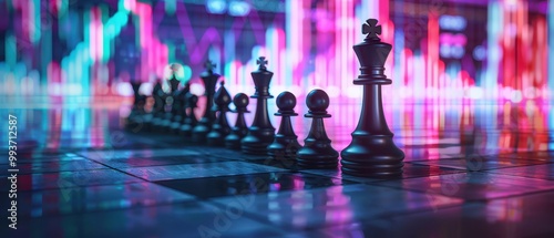 Wallpaper Mural Chessboard on a glossy surface with financial market charts, blending strategy with economy. Free copy space for text. Torontodigital.ca