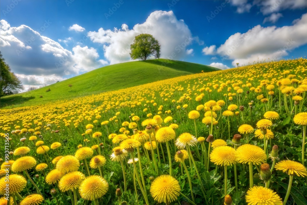 Fototapeta premium Vibrant yellow dandelions under clear blue sky and fluffy clouds