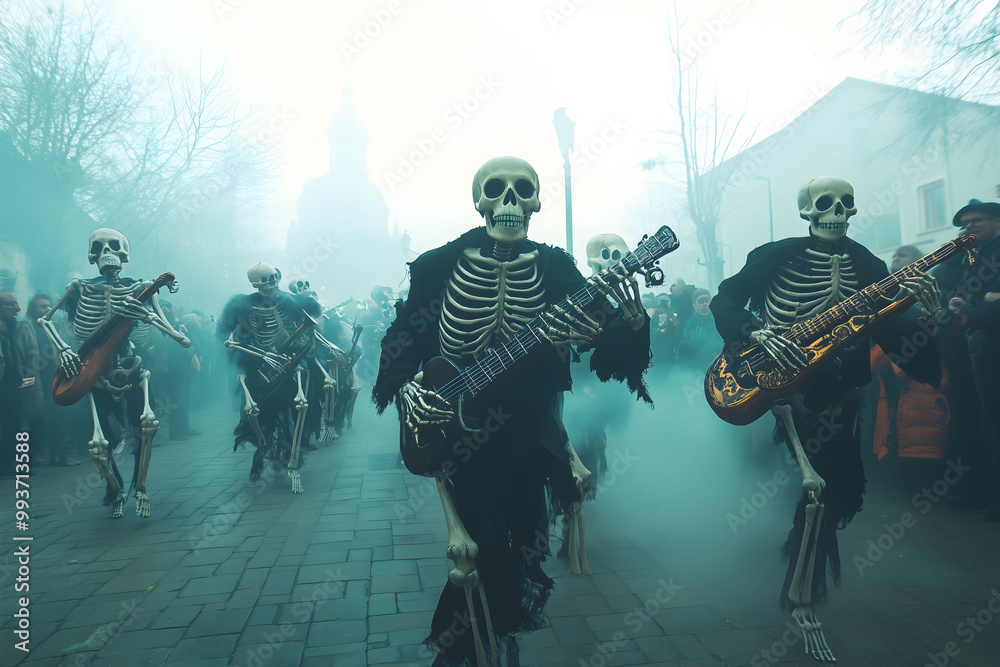 Naklejka premium Spooky skeleton parade marching through a misty town, Halloween