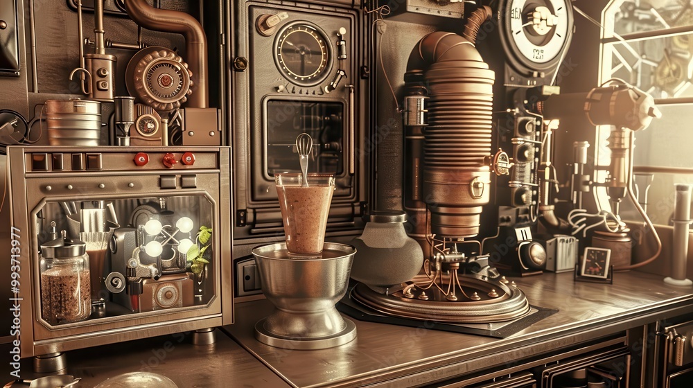 A steampunk-themed kitchen with futuristic gadgets preparing a healthy smoothie, warm sepia tones, intricate detail, vintage tech A steampunk-themed kitchen with futuristic gadgets preparing a healthy smoothie, warm sepia tones, intricate detail, vintage tech