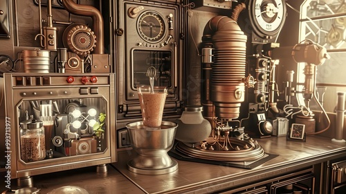 A steampunk-themed kitchen with futuristic gadgets preparing a healthy smoothie, warm sepia tones, intricate detail, vintage tech