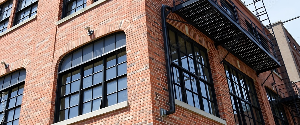 A converted industrial loft building with exposed brick and large, black metal-framed windows, showcasing a blend of industrial and modern design elements. A converted industrial loft building with exposed brick and large, black metal-framed windows, showcasing a blend of industrial and modern design elements.