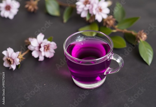 Purple Herbal Tea with Flowers on Black Background