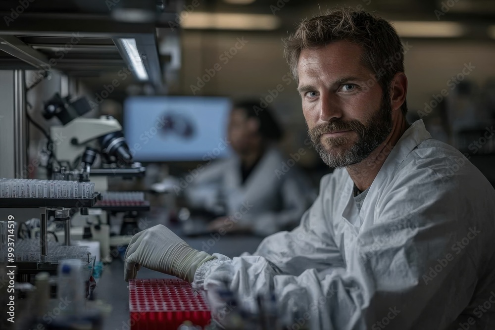 A male scientist peers intently at test tubes in a laboratory, revealing concentration and expertise with fellow researchers blurred in the background. A male scientist peers intently at test tubes in a laboratory, revealing concentration and expertise with fellow researchers blurred in the background.