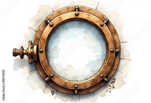 Ship porthole with with dirty glass. On white background. 3d render