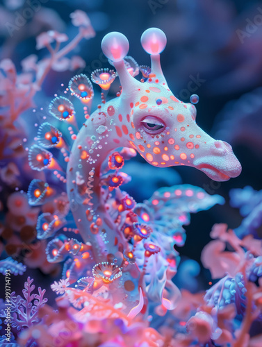 photography of a bioluminescent underwater world with lots of creature, crossbreed beetween miniature giraffe and jellyfish mixed with fascinating amoeba photo