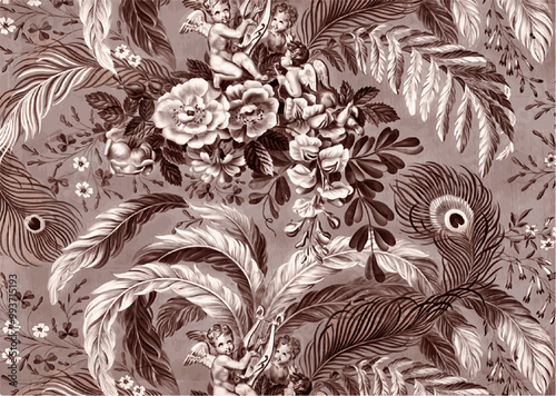 A vintage, pattern of cherubs playing harps among flowers and peacock feathers in muted brown tones.