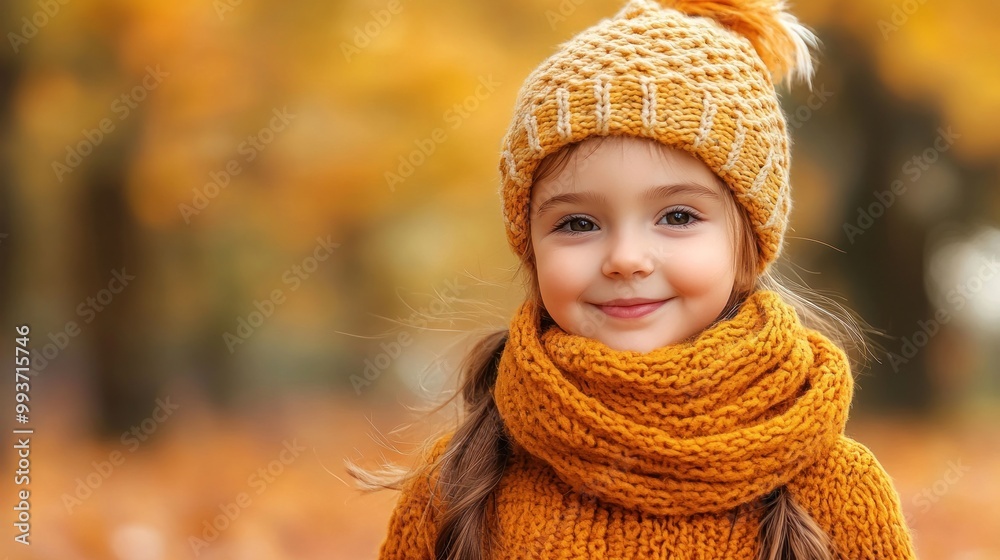 A cheerful child in autumn attire smiles amidst a backdrop of fall foliage. A cheerful child in autumn attire smiles amidst a backdrop of fall foliage.