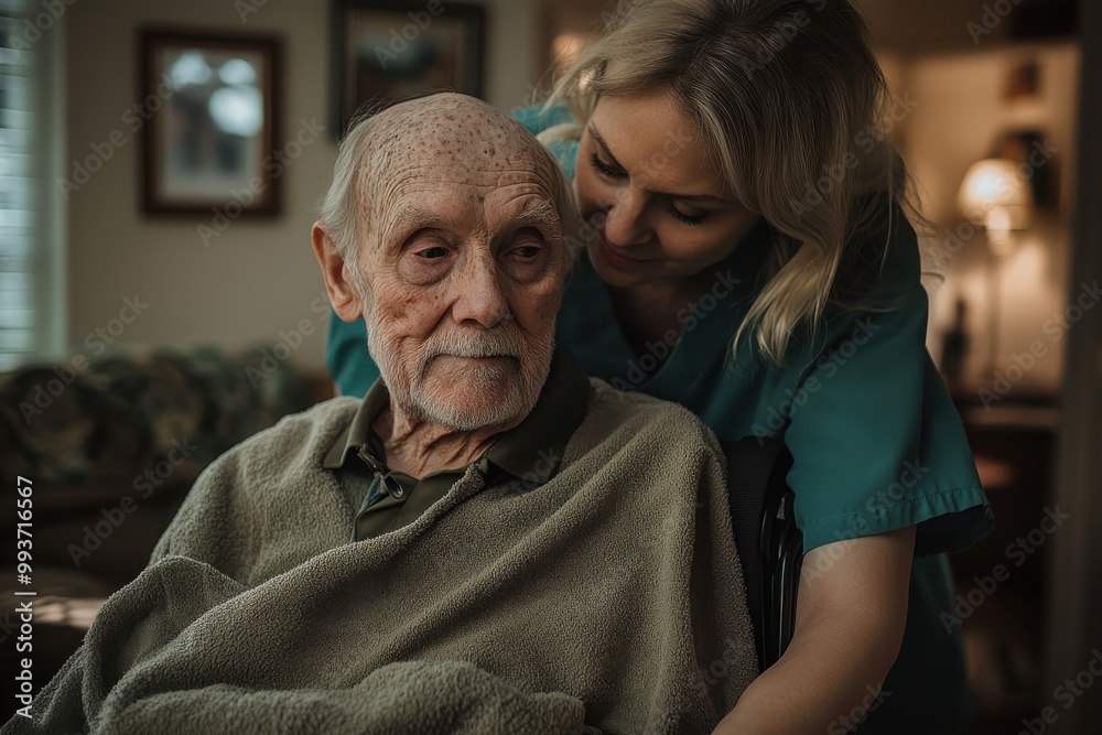 Obraz premium In a cozy living space, a caring nurse tends to an elderly man wrapped in a warm blanket, reflecting a moment of gentle care and companionship.