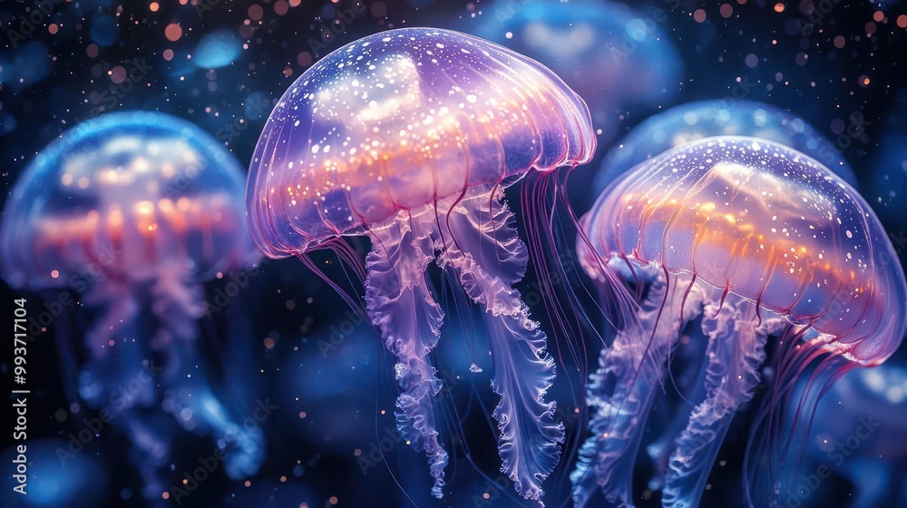 Naklejka premium a tranquil aquatic scene featuring multiple jellyfish gracefully swimming through crystalclear blue waters their tentacles flowing softly creating a serene ambiance