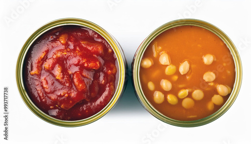 Two Cans of Food, One With Red Sauce and Beans and the Other with White Beans in Tomato Sauce