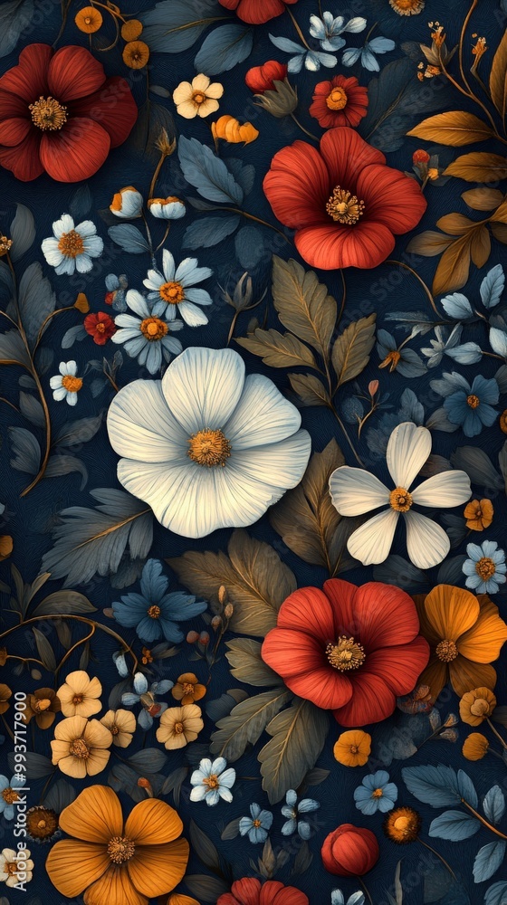 Teal floral pattern with red and green flowers on a vintage-inspired, modern teal background Teal floral pattern with red and green flowers on a vintage-inspired, modern teal background