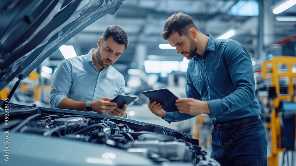 Engineers Using Tablets for Car Diagnostics. Two engineers using tablets to perform diagnostics on a car engine in a modern automotive service center. Engineers Using Tablets for Car Diagnostics. Two engineers using tablets to perform diagnostics on a car engine in a modern automotive service center.