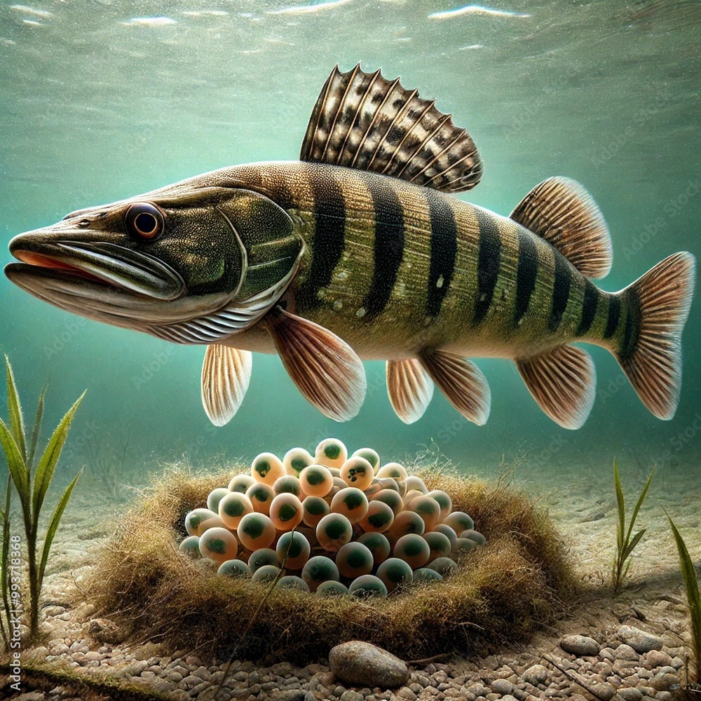 Pikeperch (Sander lucioperca) guardings nestwith eggs