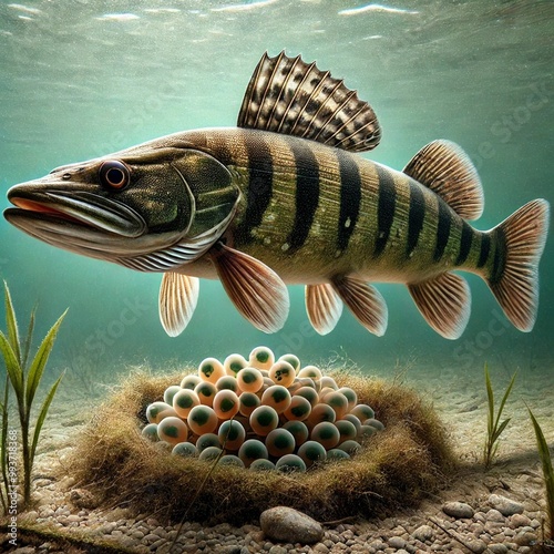 Obraz na płótnie Pikeperch (Sander lucioperca) guardings nestwith eggs w salonie