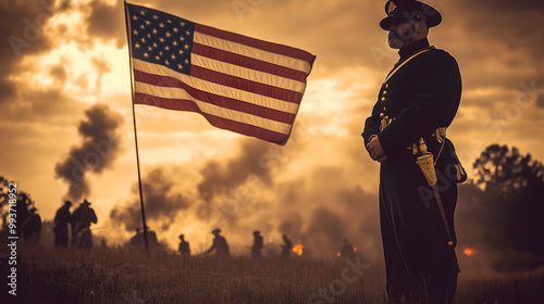 Photo of a Union general standing in the middle ground with an American flag behind him photo