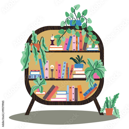 Vector illustration of a round bookshelf. The shelf is decorated with flowers in pots and other small things. A shelf for paper books. Home library. Bookcrossing. Interior, home comfort.