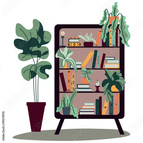Vector illustration of a bookshelf. The shelf is decorated with flowers in pots and other small things. A shelf for paper books. Home library. Bookcrossing. Interior, home comfort.