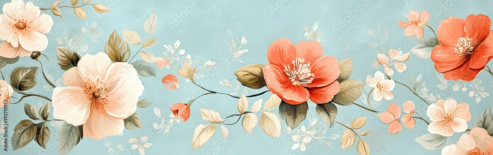 Teal floral pattern with red and green flowers on a vintage-inspired, modern teal background
