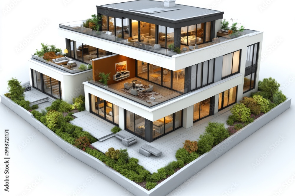 Modern luxury villa with rooftop garden floor to ceiling windows and expansive balconies set in a sleek architectural design surrounded by lush landscaping and greenery Modern luxury villa with rooftop garden floor to ceiling windows and expansive balconies set in a sleek architectural design surrounded by lush landscaping and greenery