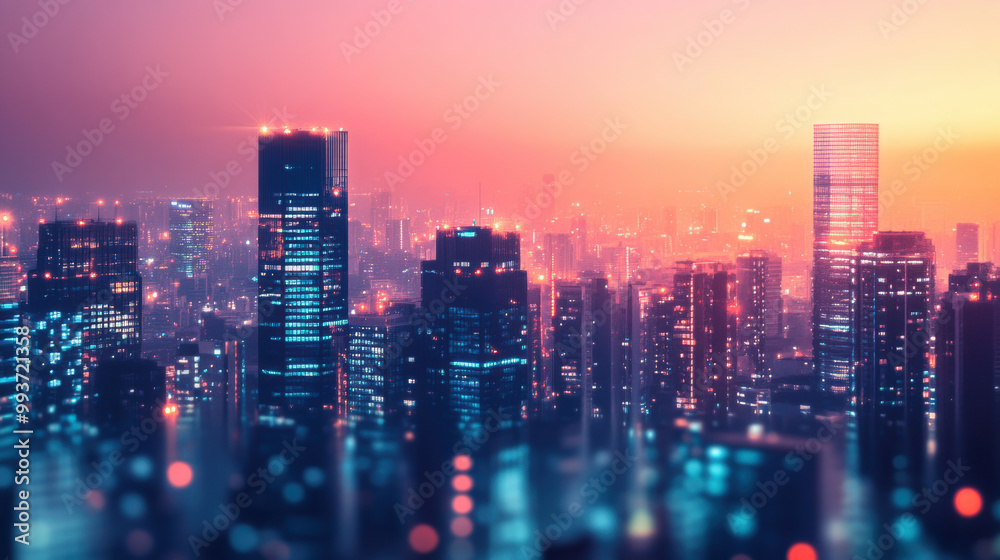 Fototapeta premium vibrant city skyline at dusk, showcasing illuminated skyscrapers and colorful sunset. scene captures essence of urban life and technological advancement